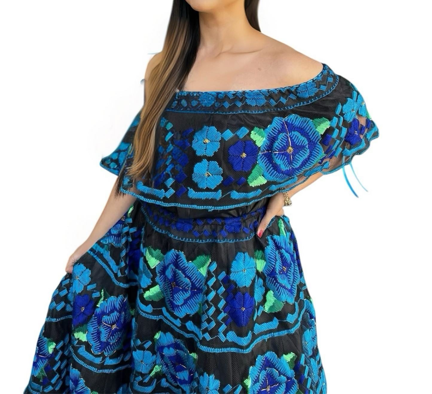 Vestido Chiapaneca Aqua y azul incluye rebozo