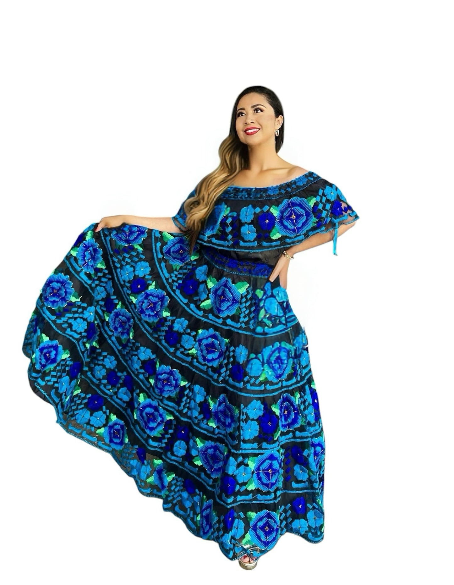 Vestido Chiapaneca Aqua y azul incluye rebozo