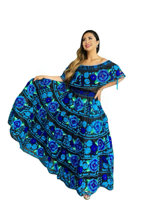 Vestido Chiapaneca Aqua y azul incluye rebozo