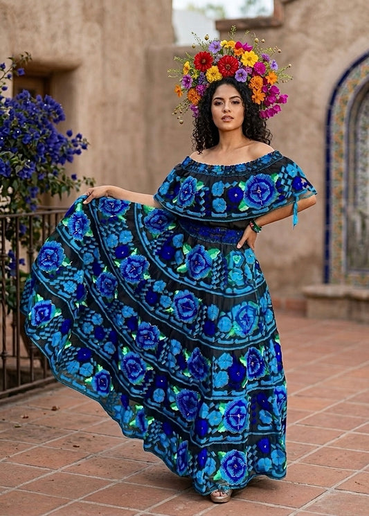 Vestido Chiapaneca Aqua y azul incluye rebozo