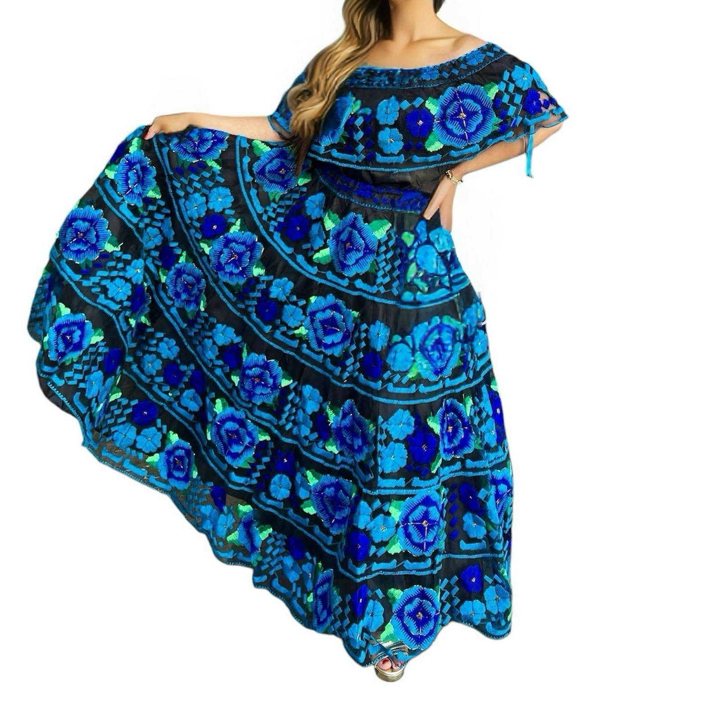 Vestido Chiapaneca Aqua y azul incluye rebozo