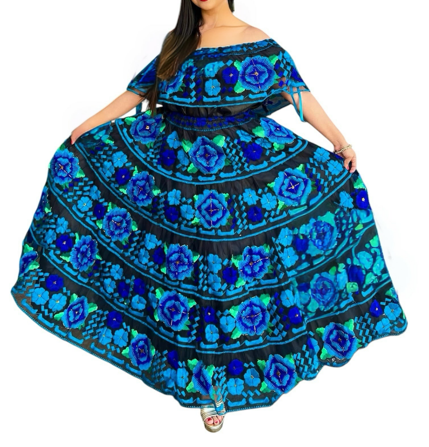Vestido Chiapaneca Aqua y azul incluye rebozo