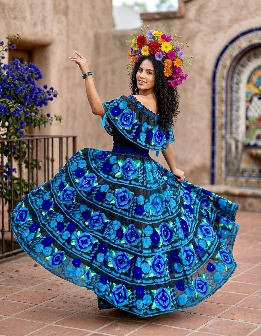 Vestido Chiapaneca Aqua y azul incluye rebozo